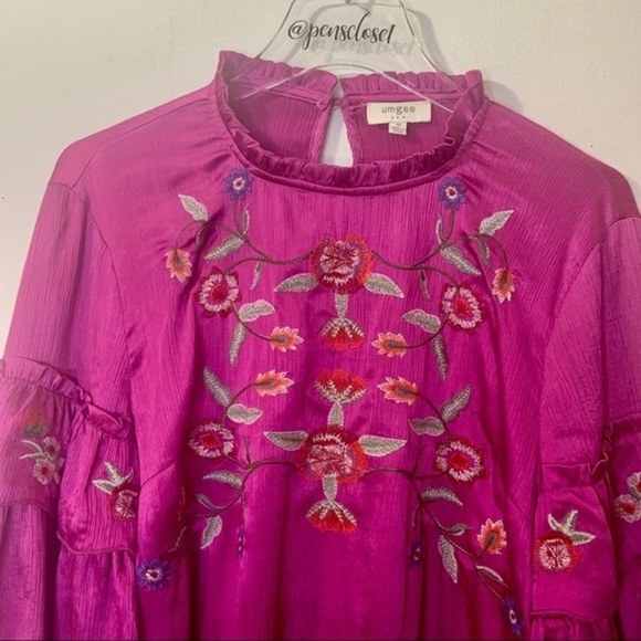 Umgee Usa Boho Gypsy Floral Embroidered Magenta Bell Sleeve Satin Top - Picture 4 of 13
